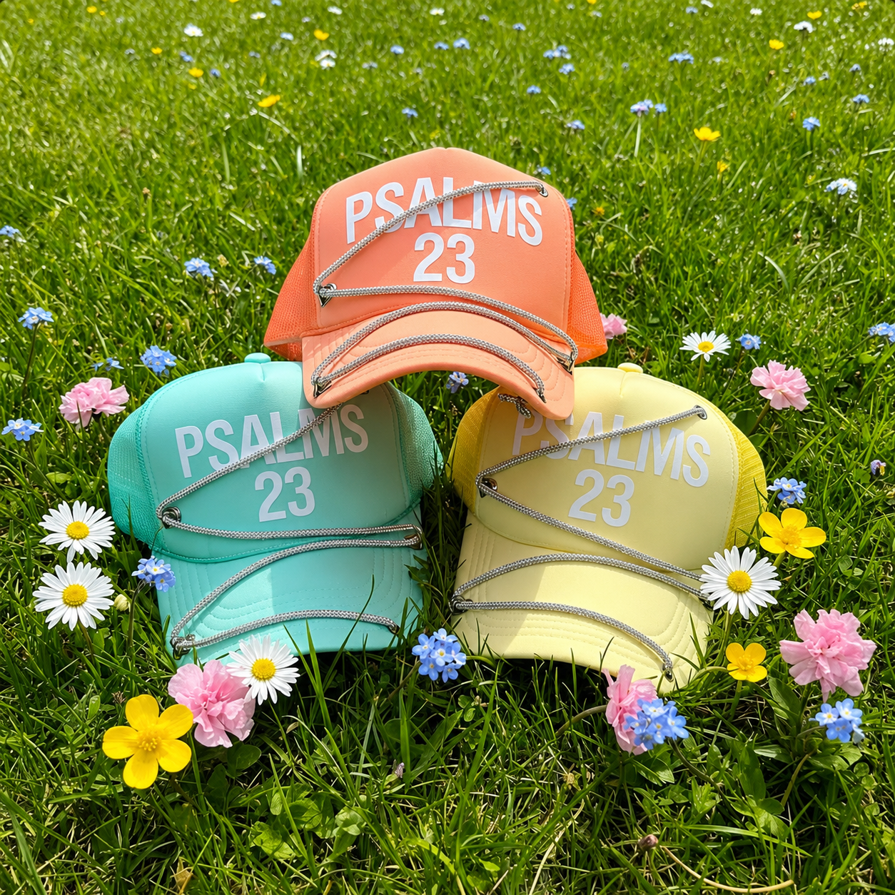 Psalms 23 trucker hats in a flower meadow — Summer Season Bundle